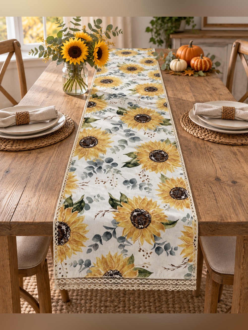 Robert Stanley Sunflower Table Runner 13x72 Lace Trim Fall Farmhouse NWT